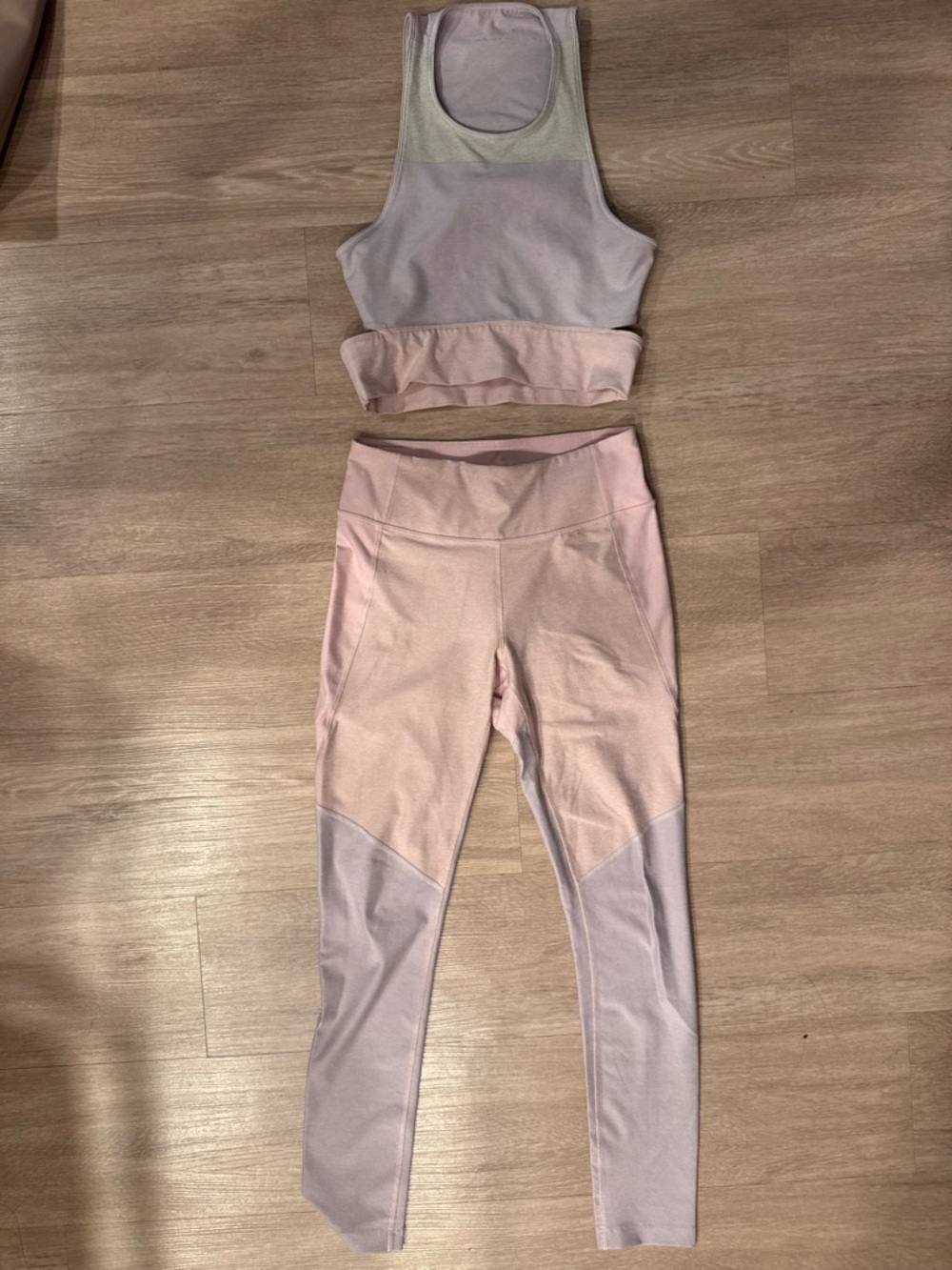 Outdoor Voices Pink and Lilac Colorblock Leggings with Matching Crop Tank